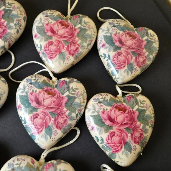 Set 12 Floral Heart Christmas Ornaments Pink Roses Vintage Style Romantic Decor - Picture 5 of 9